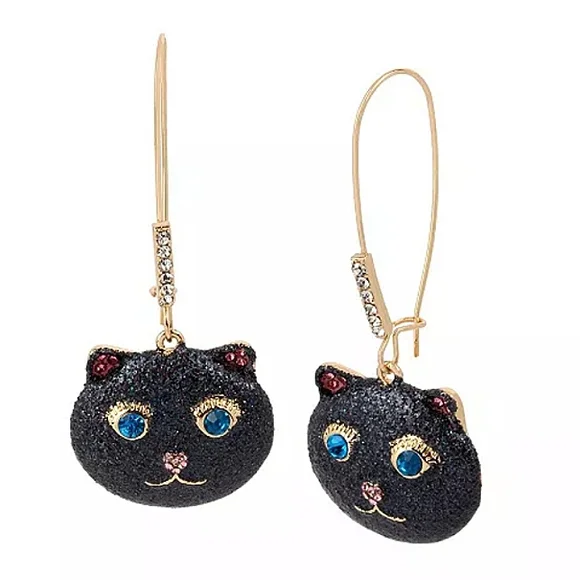 New! BETSEY JOHNSON Black Glitter Halloween Cat Long Drop Leverback Earrings. - Picture 1 of 9